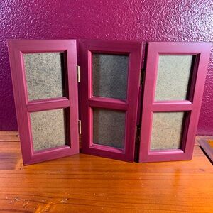 Burgundy Wooden Tri-Fold Hinged Picture Frame Holds Six 2”x3” Portraits